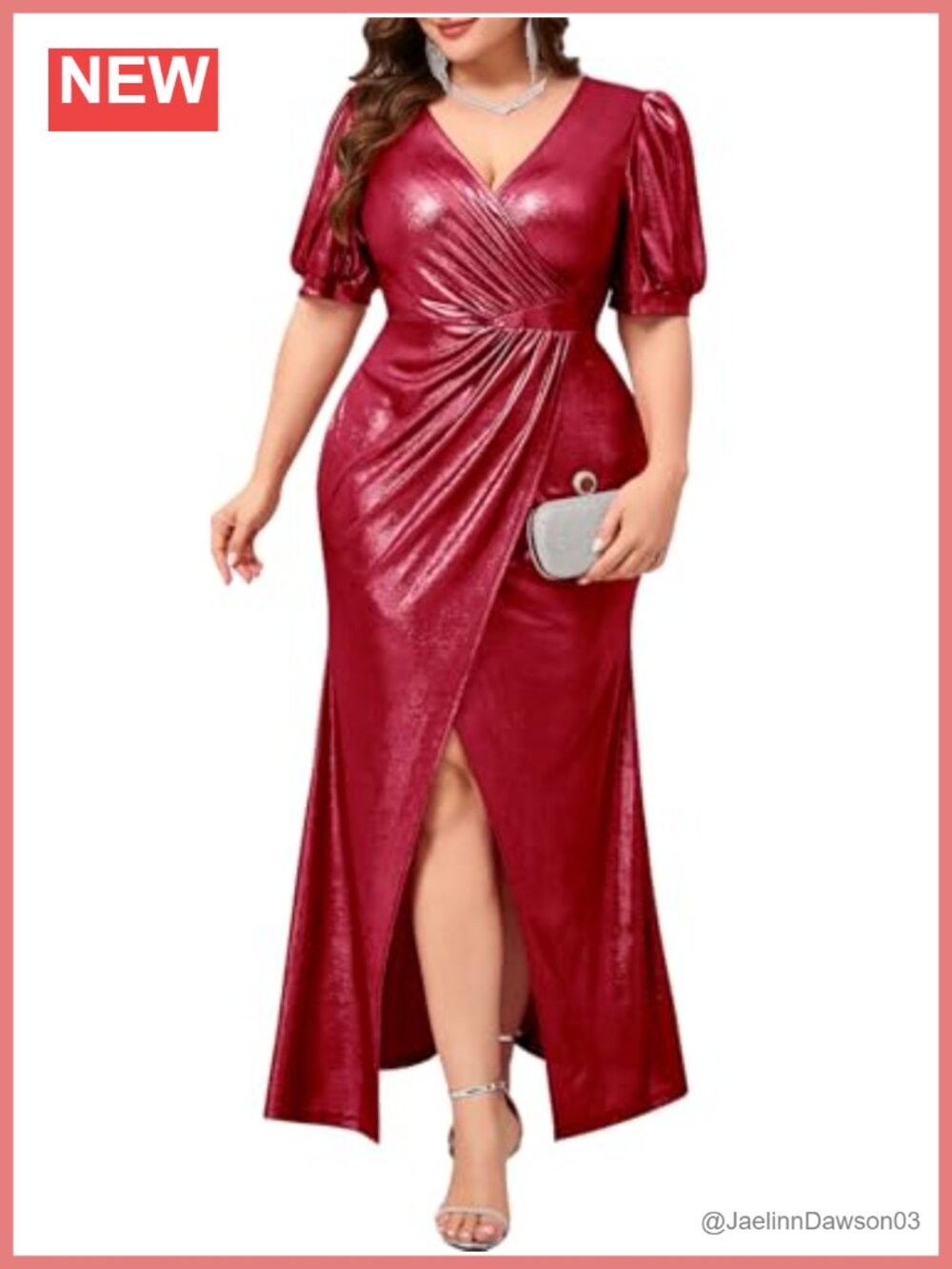 Plus Size Maxi Formal Evening Gown Puff Sleeves High Slit Ruched Prom Dress